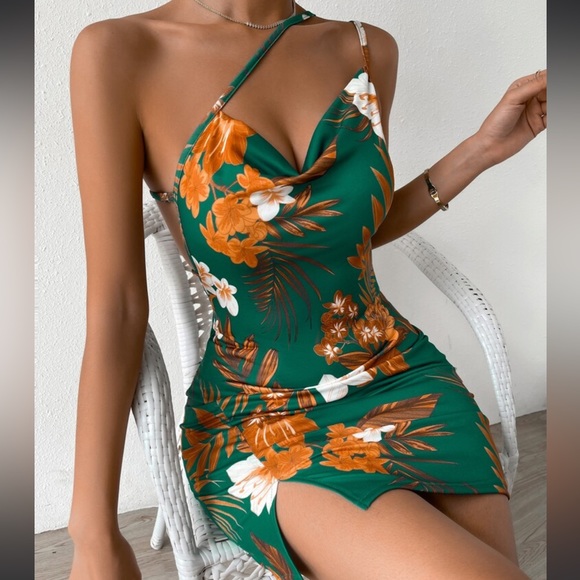 Dresses & Skirts - Boho Tropical Print One Shoulder cowl Neck Bodycon Fitted Mini Dress Pink